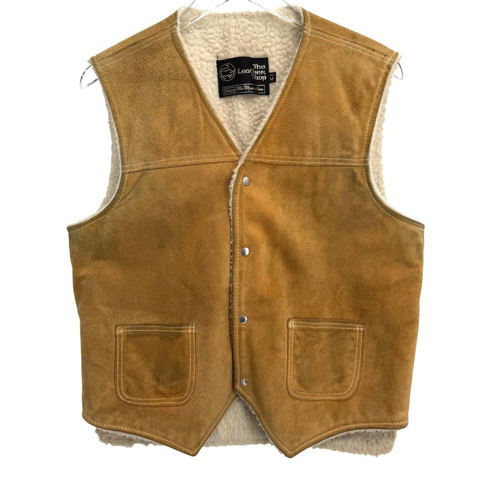 Vintage Sears The Leather Shop Suede Vest Mens Medium Sherpa Lined Tan Brown 70s